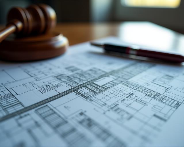 Architectural blueprints overlaid with a legal gavel and pen representing construction law
