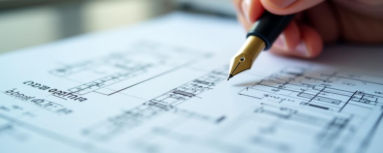 Close-up of a legal contract overlaying architectural blueprints