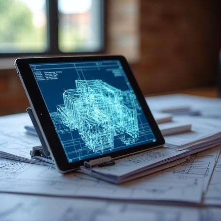 Digital tablet showing 3D building models next to stacks of official paper documents