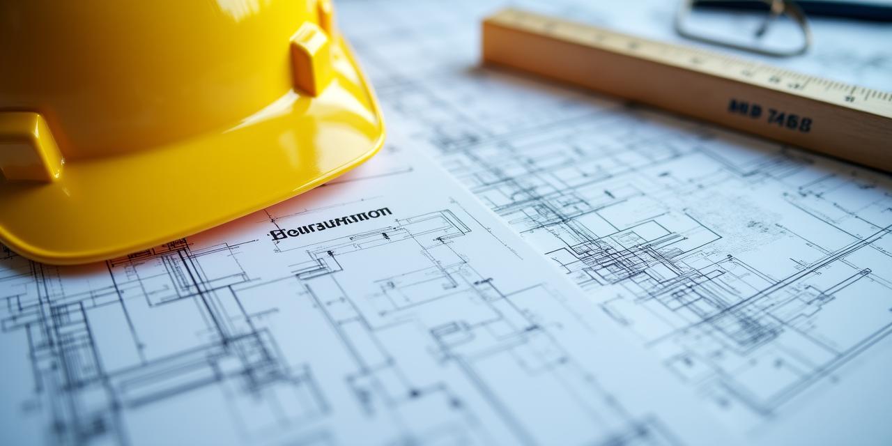 Close-up of UK architectural blueprints and safety regulation documents with a hard hat in the background